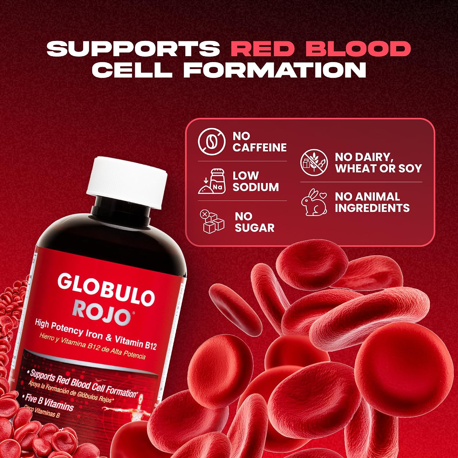 Globulo Rojo Suplemento de Hierro Líquido con Vitamina B12 - Alta Potencia - Vegano (1 Envase)