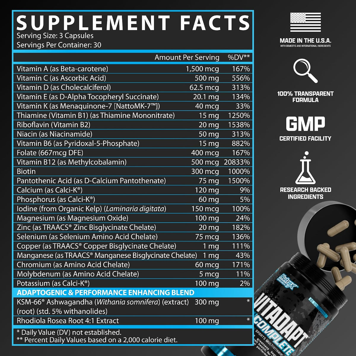 Nutrex Research Vitadapt Complete Sports Multivitamin for Men, 90 Cápsulas – Image 2