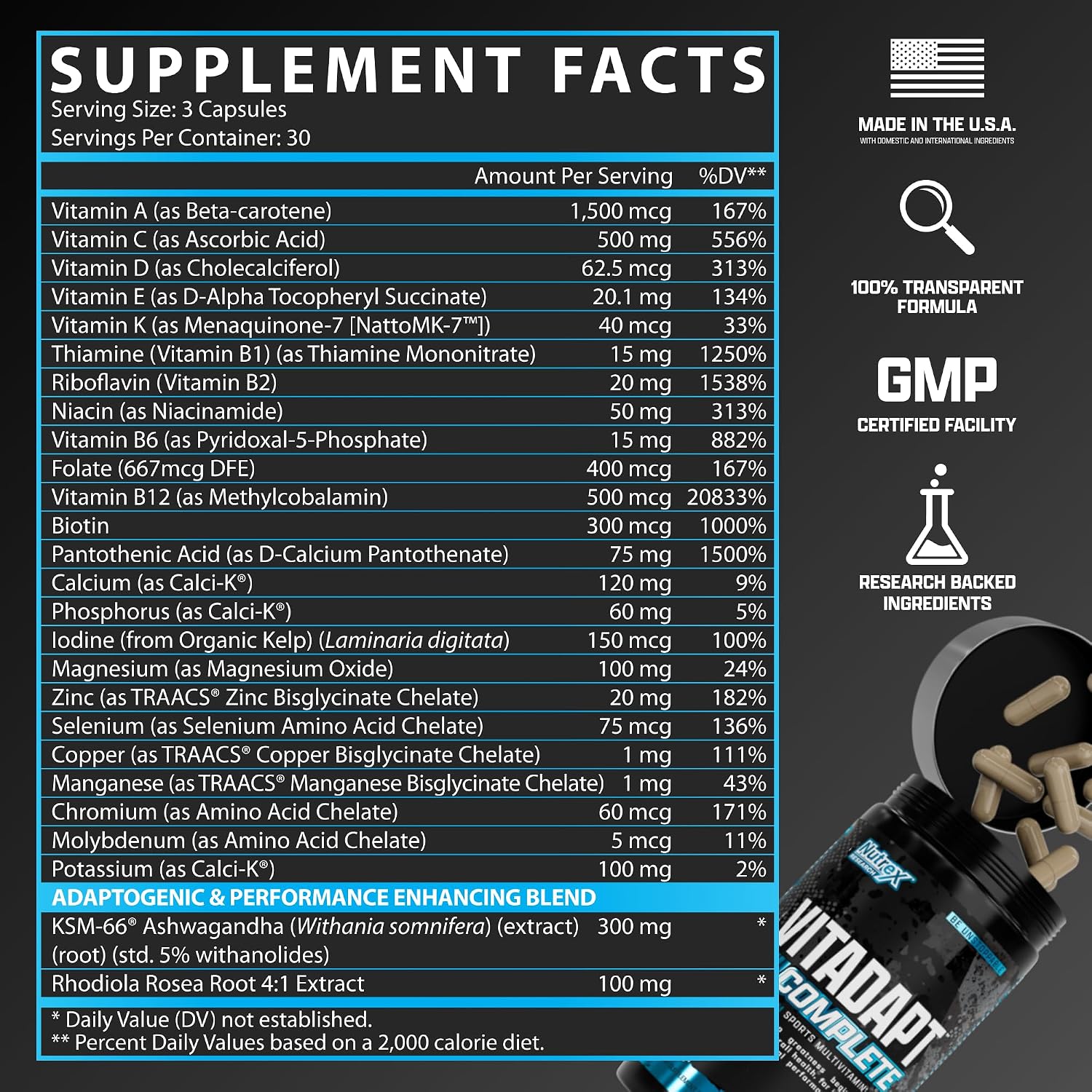 Nutrex Research Vitadapt Complete Sports Multivitamin for Men, 90 Cápsulas