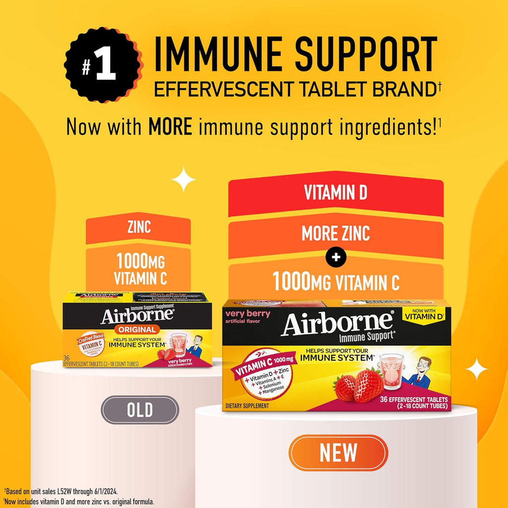 Airborne Very Berry Comprimidos Efervescentes de Vitamina C 1000mg, 36 unidades