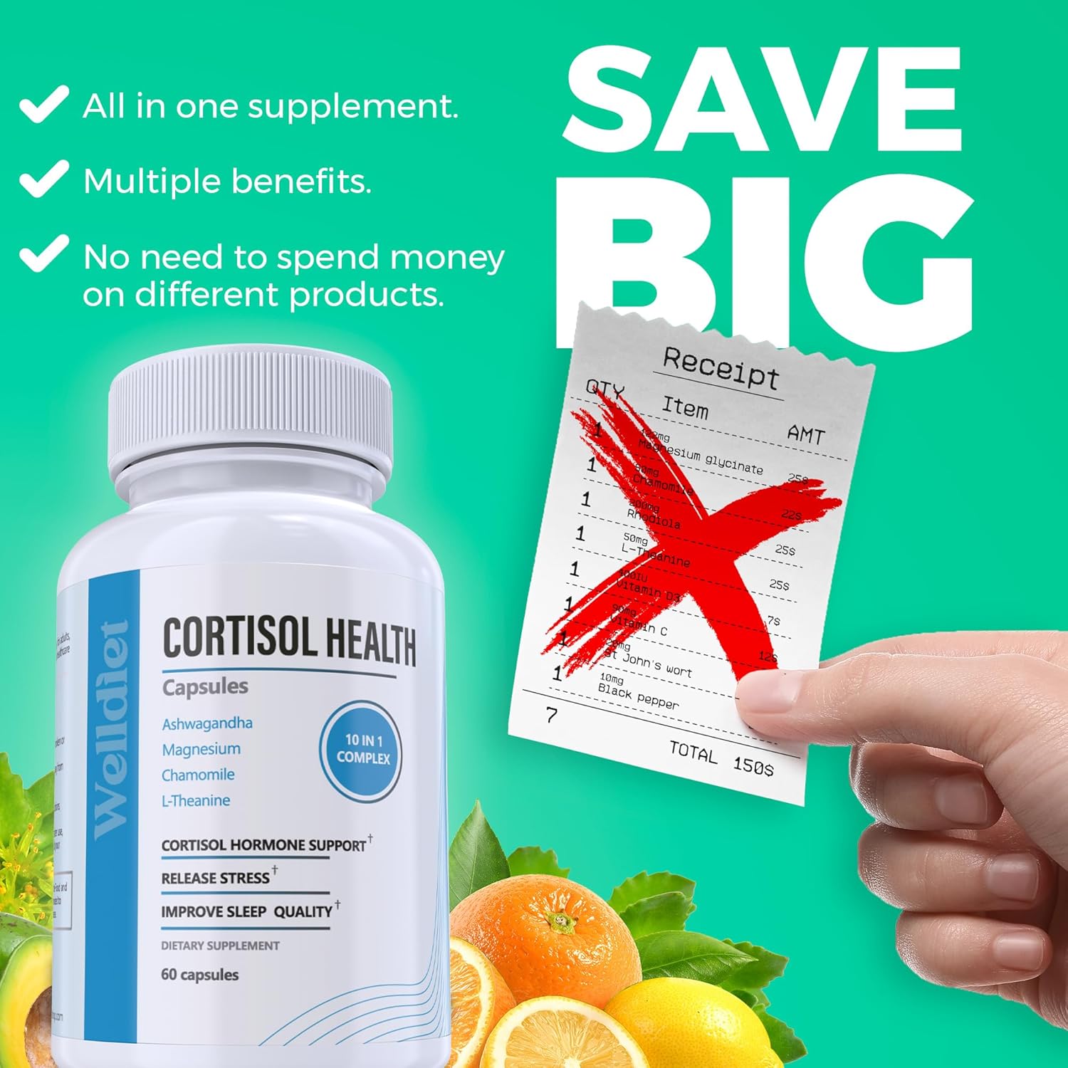 Welldiet 10-in-1 Cortisol Supplement with Magnesium, Ashwagandha, Chamomile, L-Theanine, St. John's Wort, Rhodiola – 60 Cápsulas