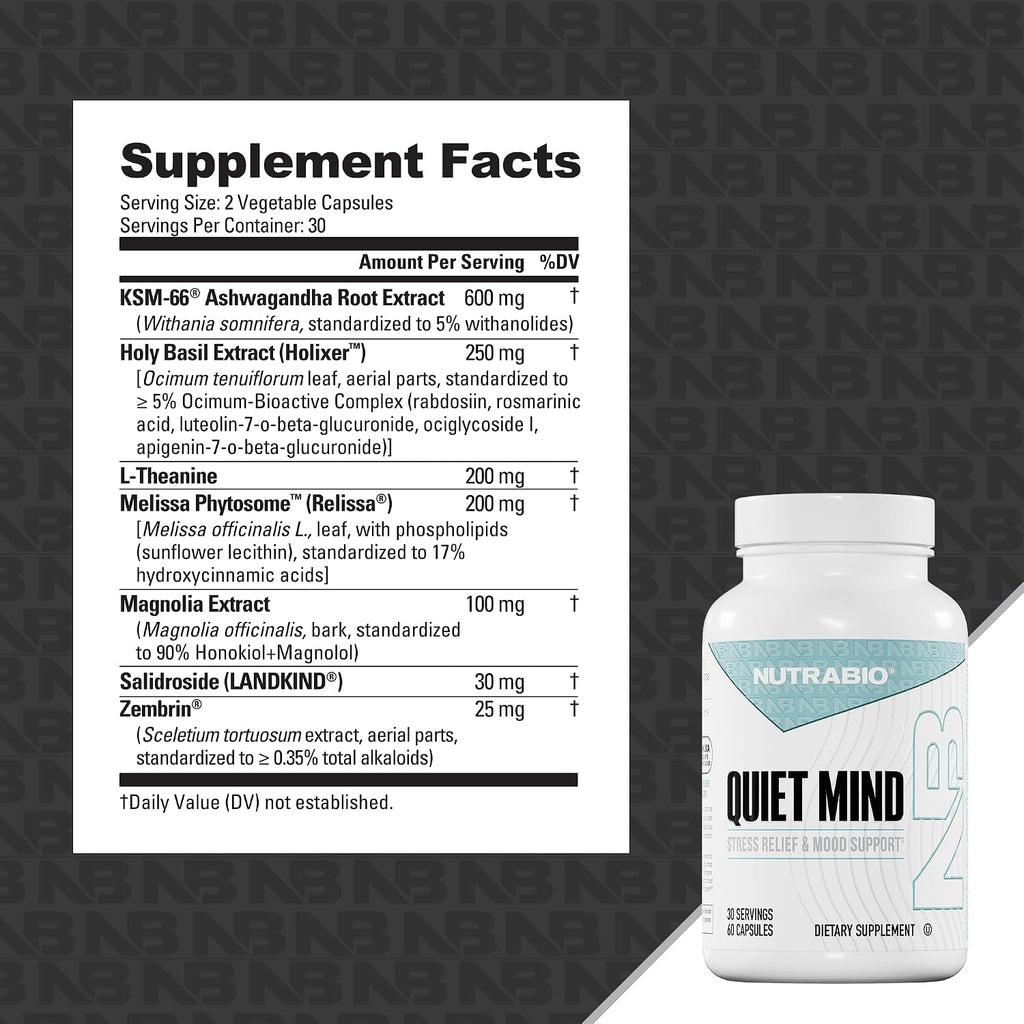 NutraBio Quiet Mind Stress Relief Supplement, 60 Cápsulas