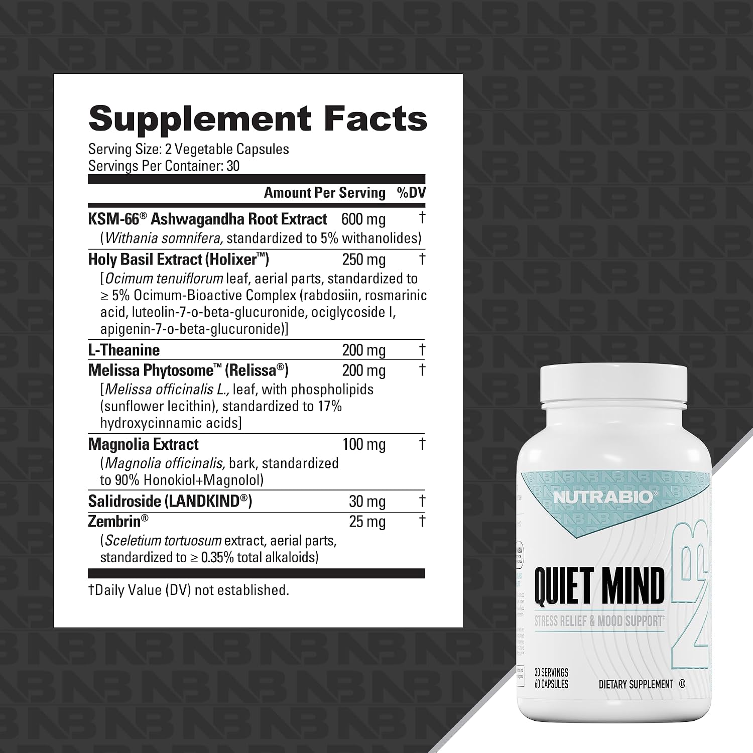 NutraBio Quiet Mind Stress Relief Supplement, 60 Cápsulas