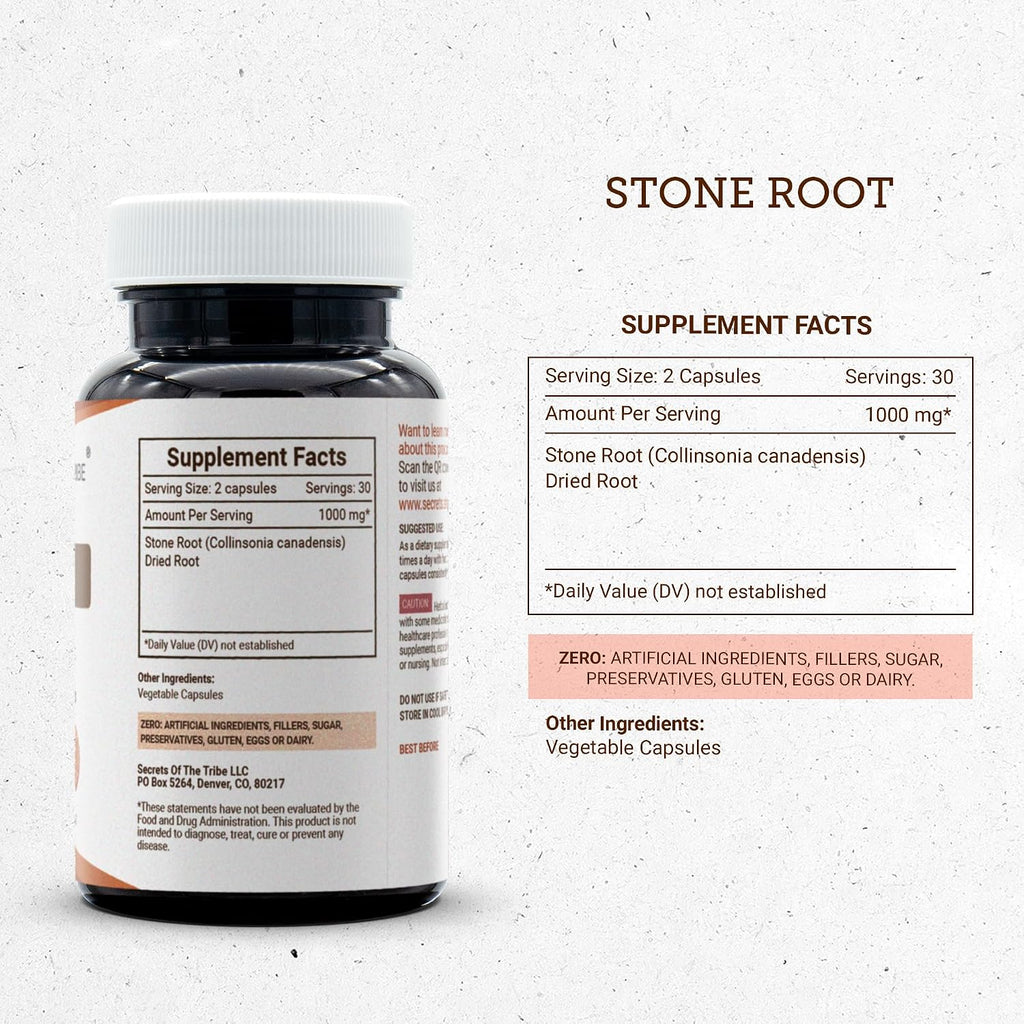 Secrets of the Tribe Stone Root (Collinsonia Canadensis) 1000 mg, 60 Cápsulas