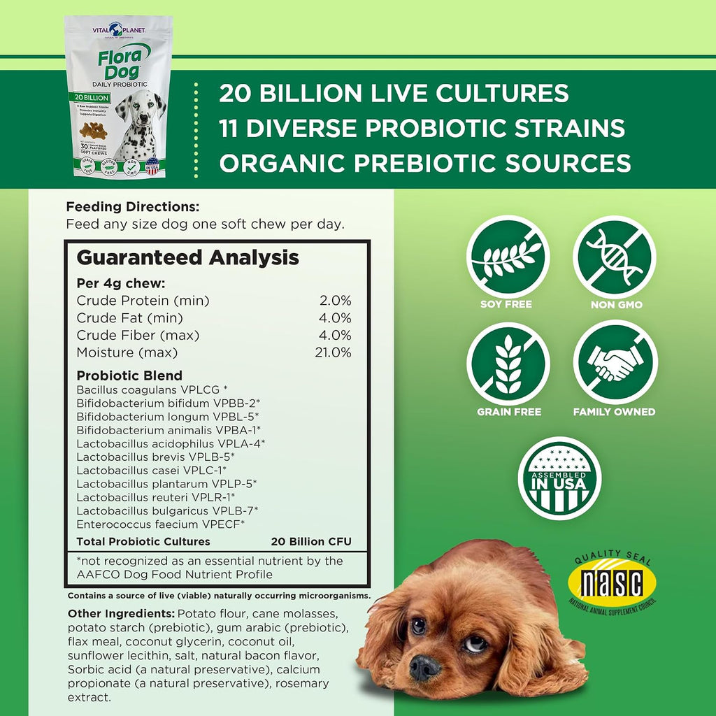 Vital Planet Flora Dog Probiotics for Dogs, 30 Bacon Flavored Chewables
