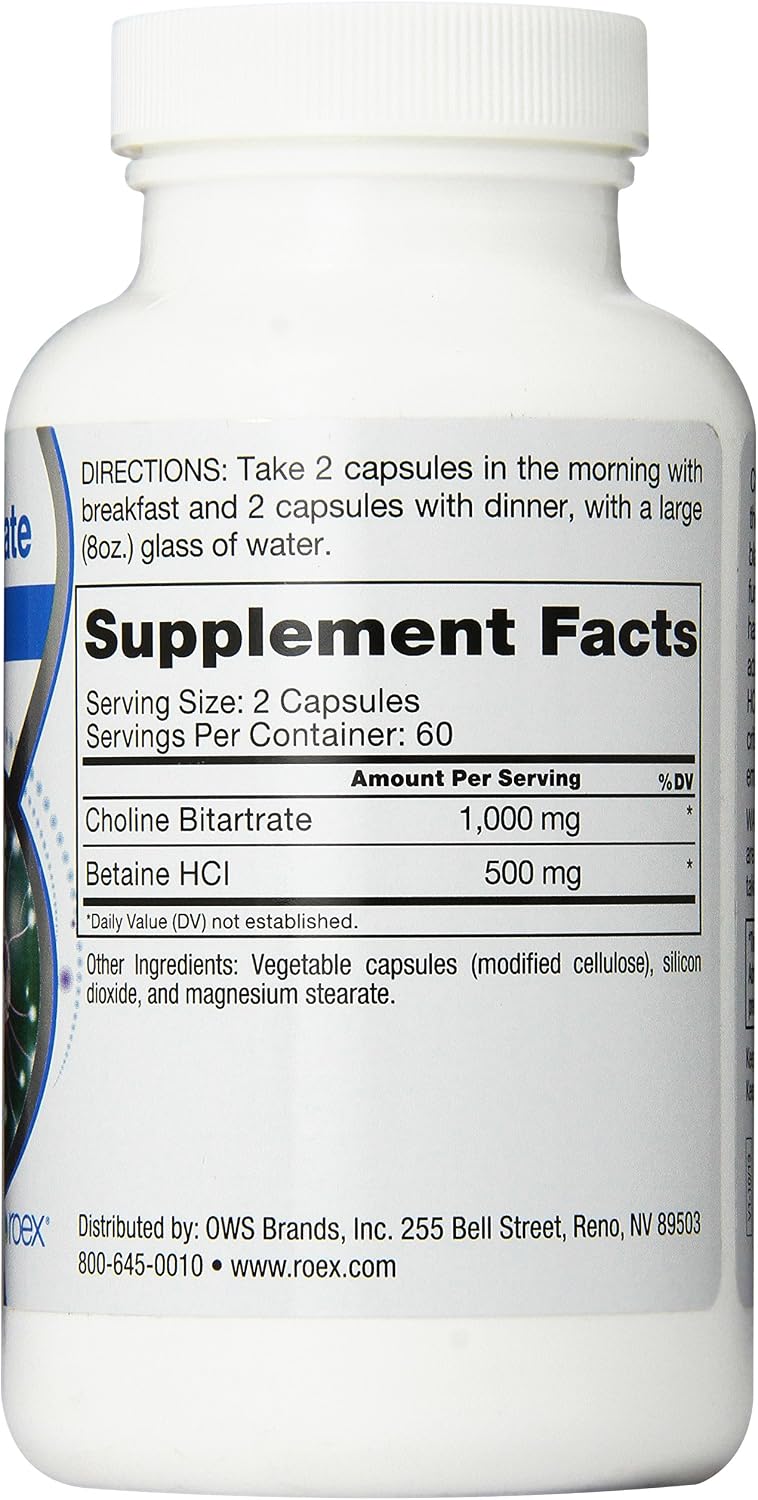 Roex Colina Bitartrato 1000 mg con Betaína HCl - 120 Cápsulas