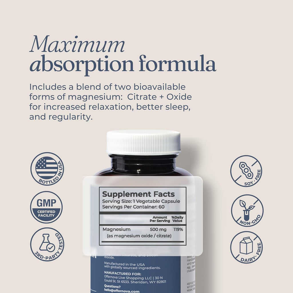 Offernova Magnesium Ultra - Complejo de Magnesio 500mg con Citrato y Óxido