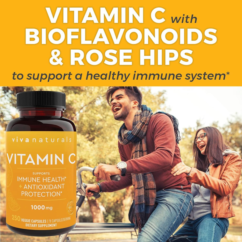 Viva Naturals Vitamin C 1000 mg with Citrus Bioflavonoids & Rose Hips – 250 Vegetarian Capsules