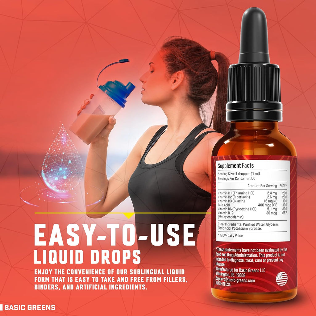 Vitamin B Complex Liquid Drops Vegan - Extra Strength Sublingual Formula - Complejo B en gotas sublingual vegano