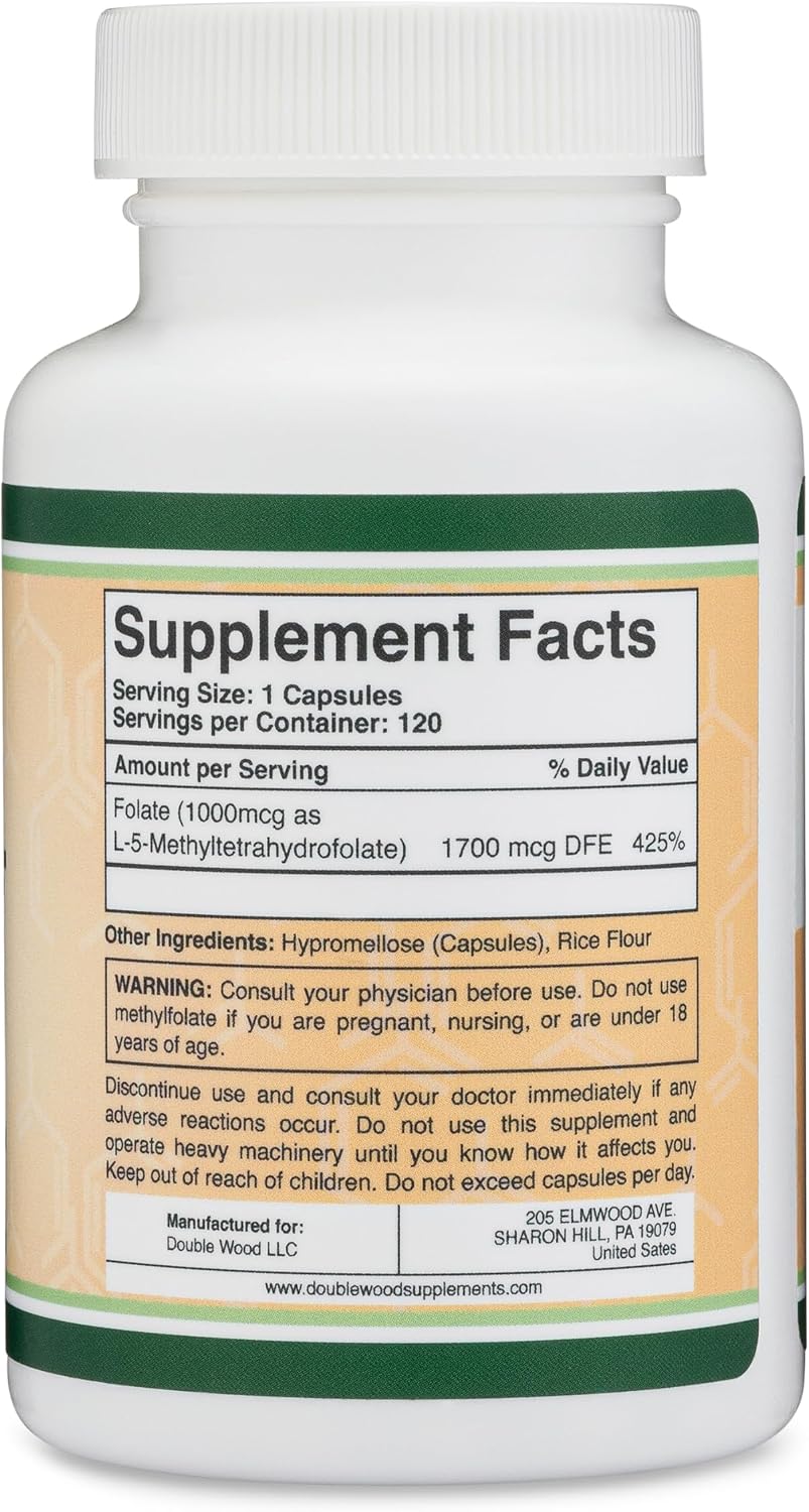 Double Wood Metilfolato 1.000 mcg, 120 Cápsulas - Metilfolato Activo (No OGM, Vegano)