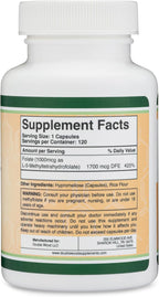 Double Wood Metilfolato 1.000 mcg, 120 Cápsulas - Metilfolato Activo (No OGM, Vegano)