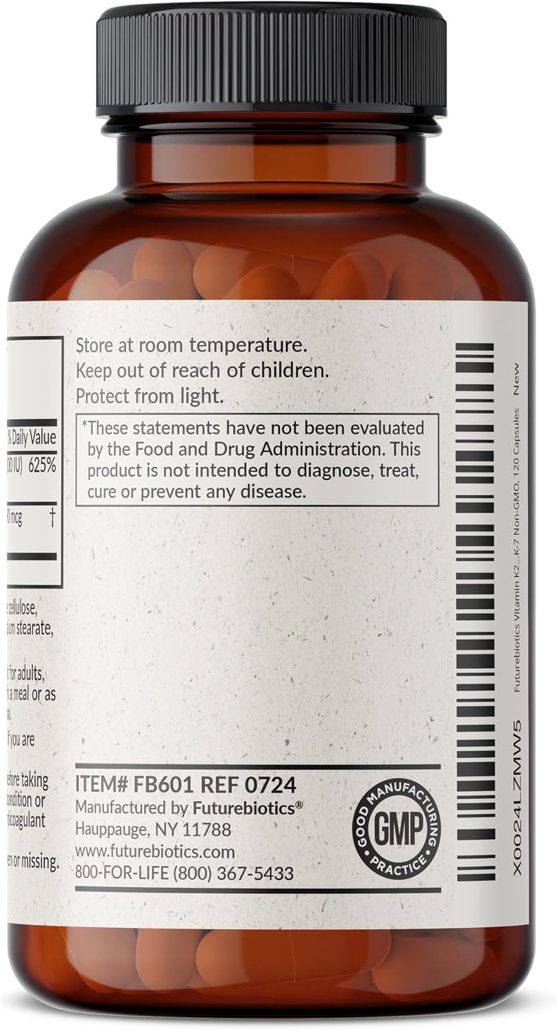 Futurebiotics Vitamina K2 (MK7) con D3 - 5000 UI D3 y 90 mcg K2 - 120 Cápsulas Vegetarianas