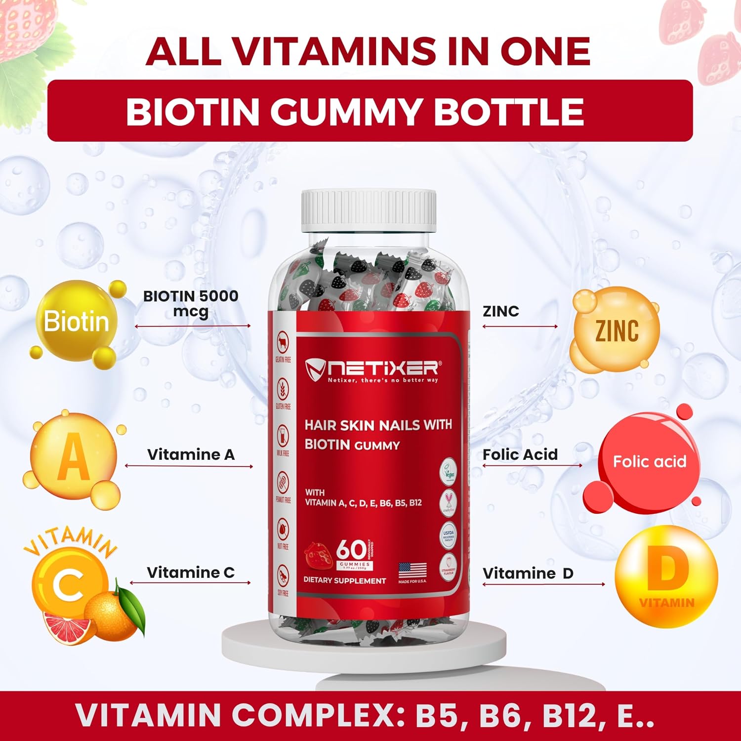 nETiXER Biotin Gummies 5000 mcg | Multivitamin Gummies | Vitamins A C D E B6 B12 with Zinc | Strawberry Flavor | Vegan | Individually Wrapped | 60 Count