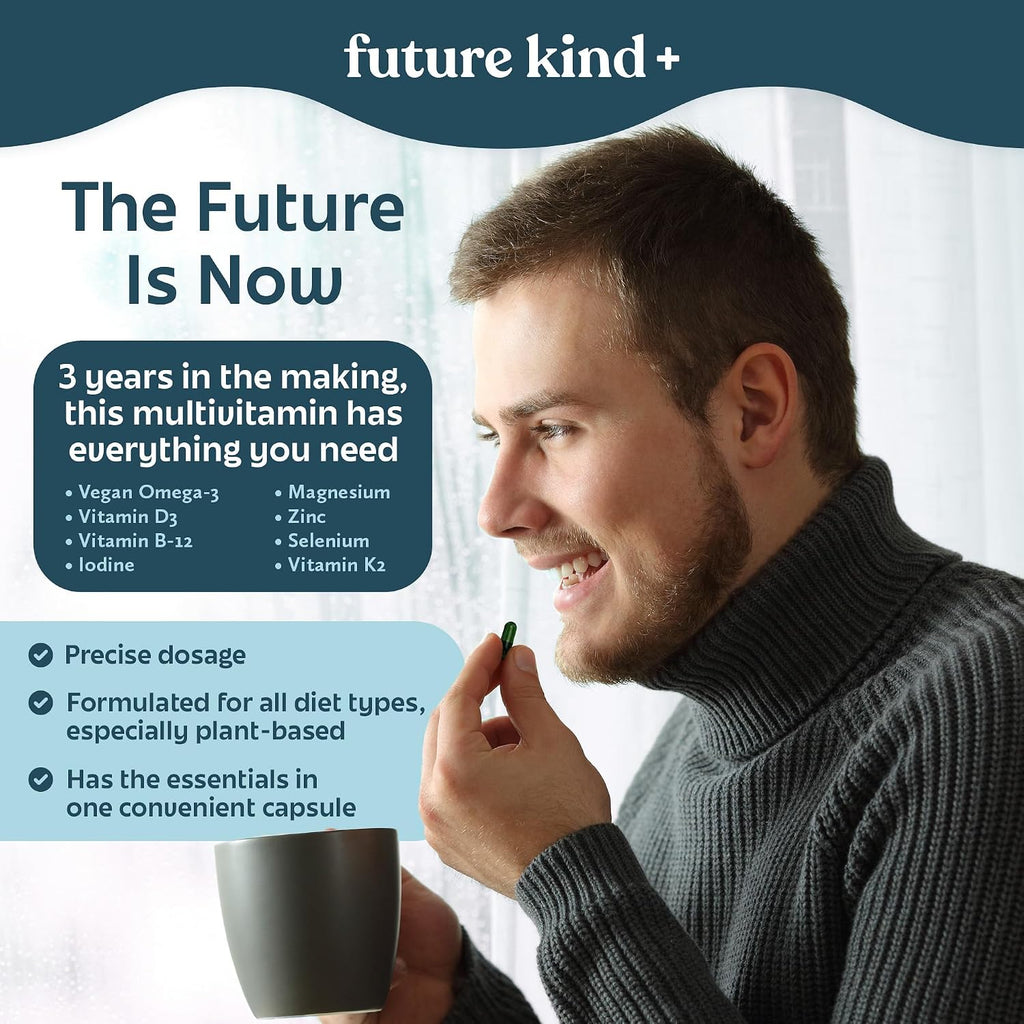 Future Kind Multivitamínico Vegano Completo con Omega-3, B12, D3, Zinc, Yodo, Magnesio, K2 y Selenio - Sin Carragenina, Envase Compostable (60 Cápsulas)