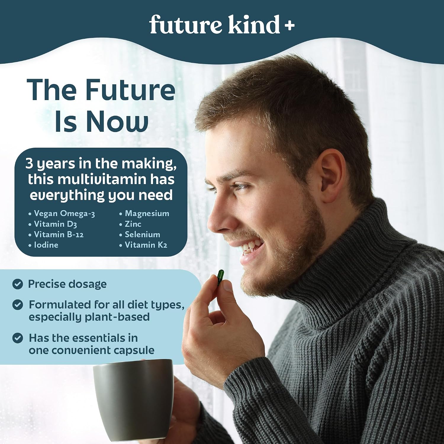 Future Kind Multivitamínico Vegano Completo con Omega-3, B12, D3, Zinc, Yodo, Magnesio, K2 y Selenio - Sin Carragenina, Envase Compostable (60 Cápsulas)
