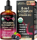 NUTRAHARMONY Complejo B Líquido USDA Orgánico - 20000 mcg con B5, B12 Metilcobalamina, B1, B6, B7, B9, B3 - Sabor Natural a Bayas, Sin Azúcar, 118 ml