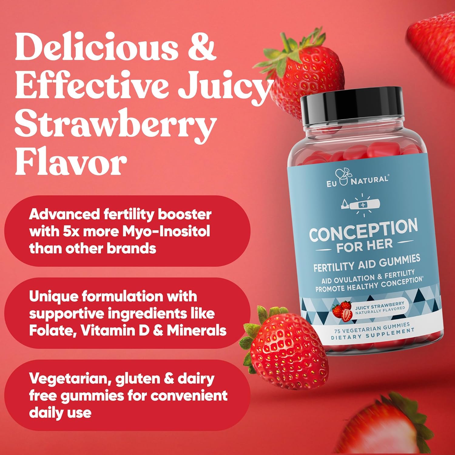 Conception for Her Fertility Gummies - Gominolas de Fertilidad para Mujer con Myo Inositol y Folato, 75 gominolas