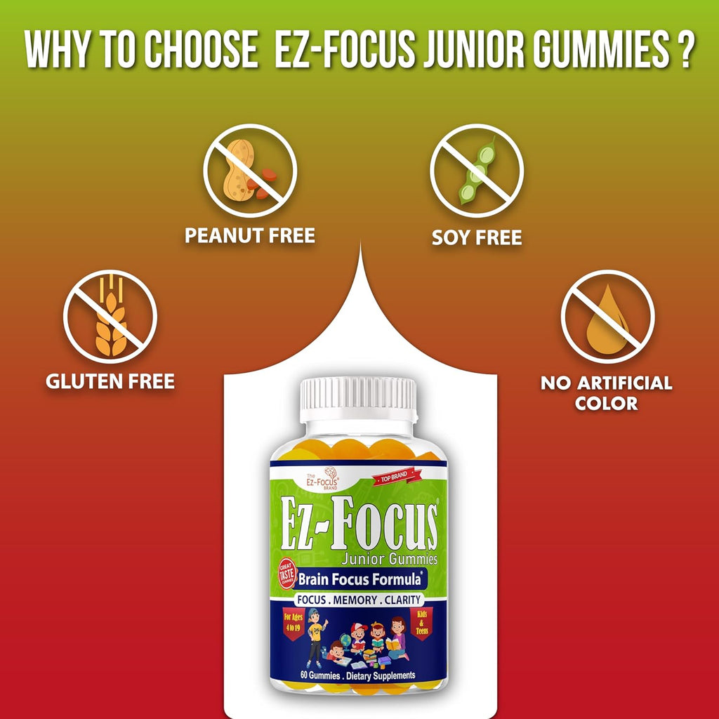 Ez-Focus Junior Gomitas de DHA para niños y adolescentes: memoria, concentración y enfoque, 60 gomitas masticables
