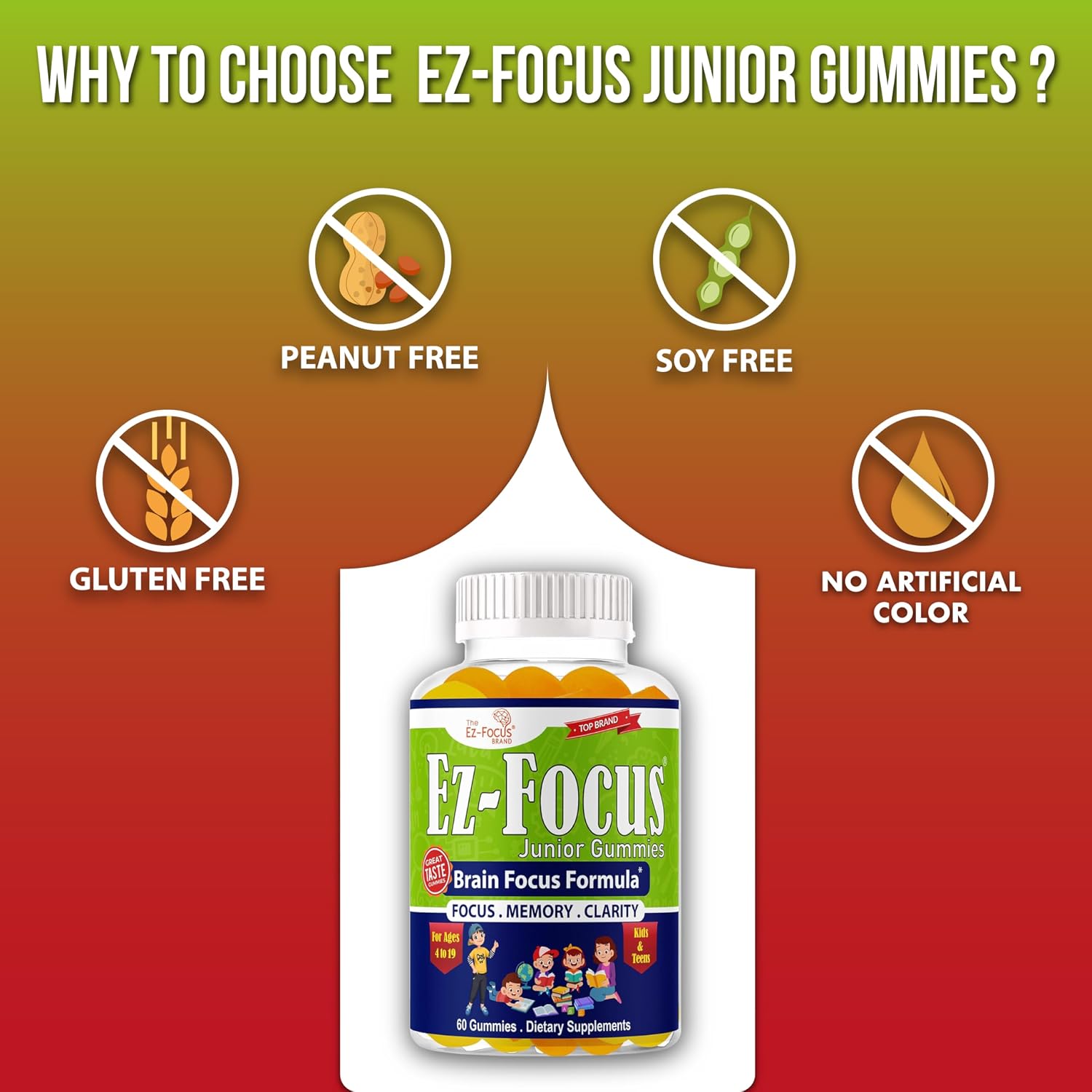 Ez-Focus Junior Gomitas de DHA para niños y adolescentes: memoria, concentración y enfoque, 60 gomitas masticables