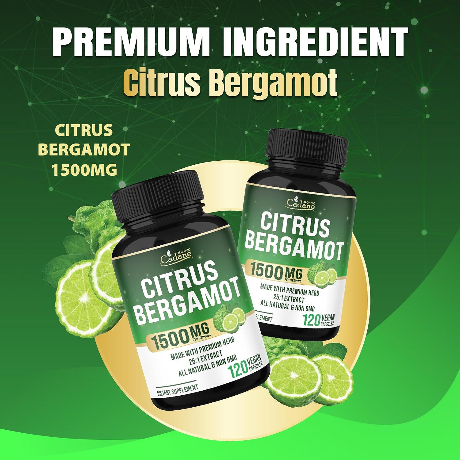 Cadane Citrus Bergamot Supplement | Heart & Immune System | Vegan, Non-GMO – 120 Cápsulas – 40 Días