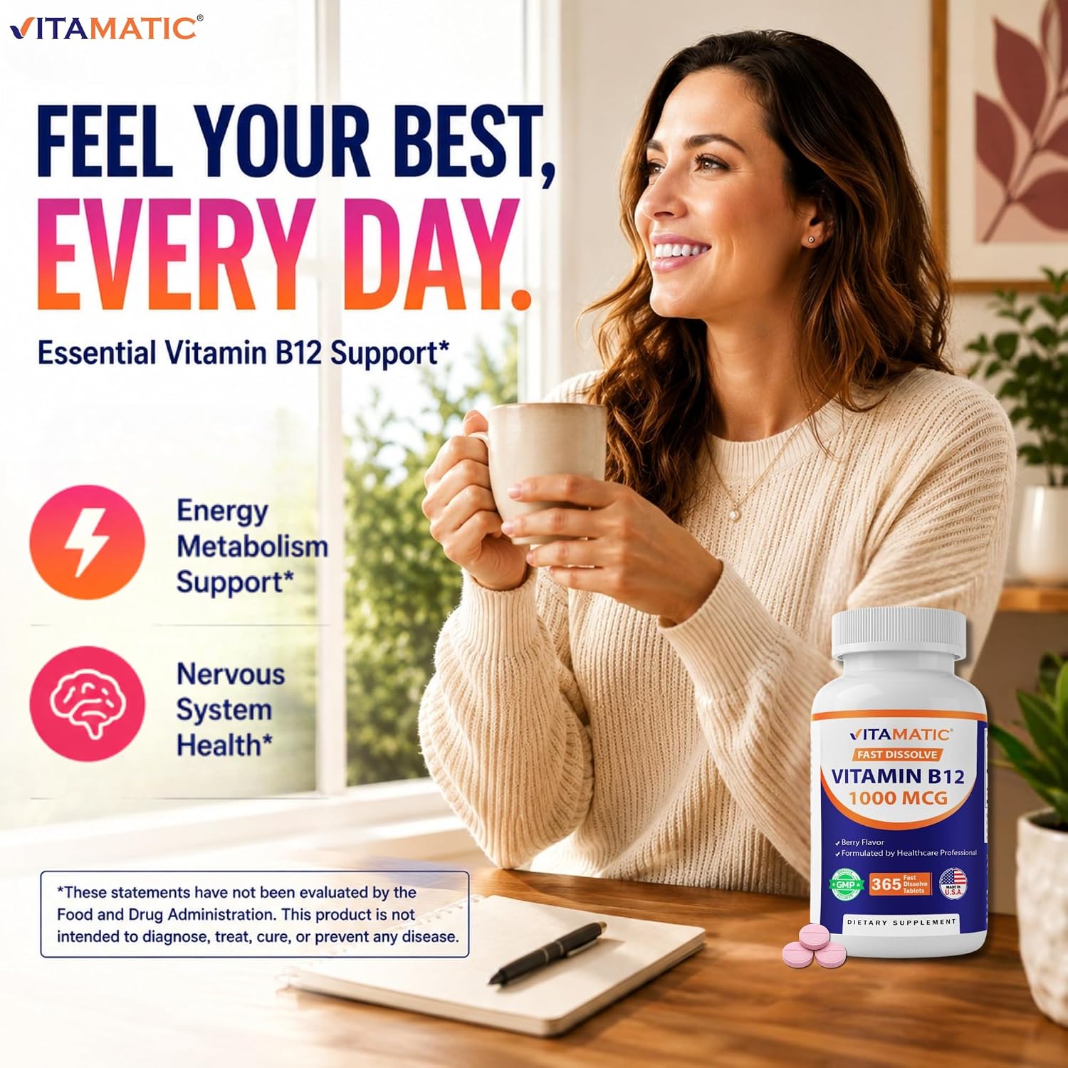 Vitamatic Vitamina B12 1000 mcg - 365 Comprimidos de Disolución Rápida - Sabor Natural a Bayas