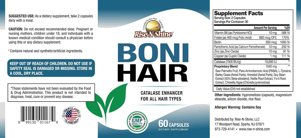 Rise-N-Shine BoniHair Catalase 10.000 IU - Suplemento para el Cabello con Saw Palmetto, Biotina y Fo-Ti - 60 Cápsulas