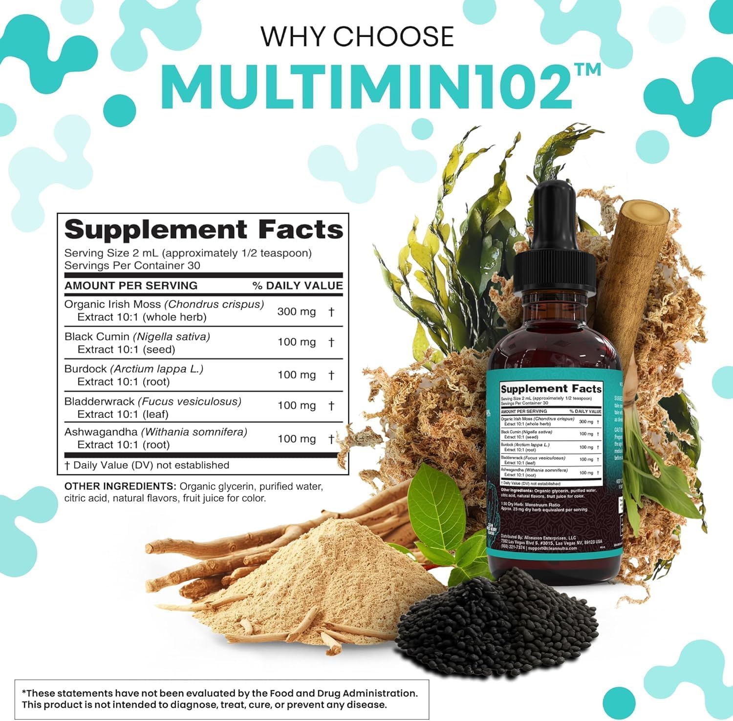 Clean Nutra Organic Sea Moss Drops - Multimineral Líquido con Ashwagandha y Aceite de Nigella