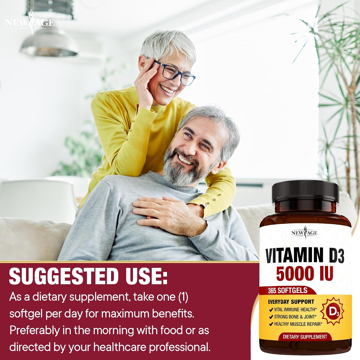 NEW AGE Vitamin D3 5000 IU (125mcg) - 360 Cápsulas Blandas | Apoyo Inmunológico y Salud Ósea
