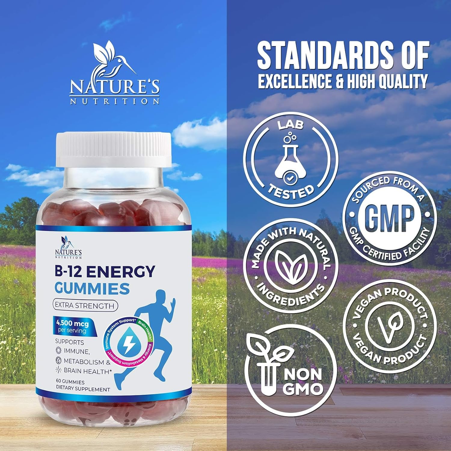 Nature's Nutrition B12 Energy Gummies - 4500 mcg Vitamina B12 - Gomitas Extra Fuertes para Energía, Metabolismo y Sistema Inmunológico - Sabor Natural a Bayas - 120 Gomitas