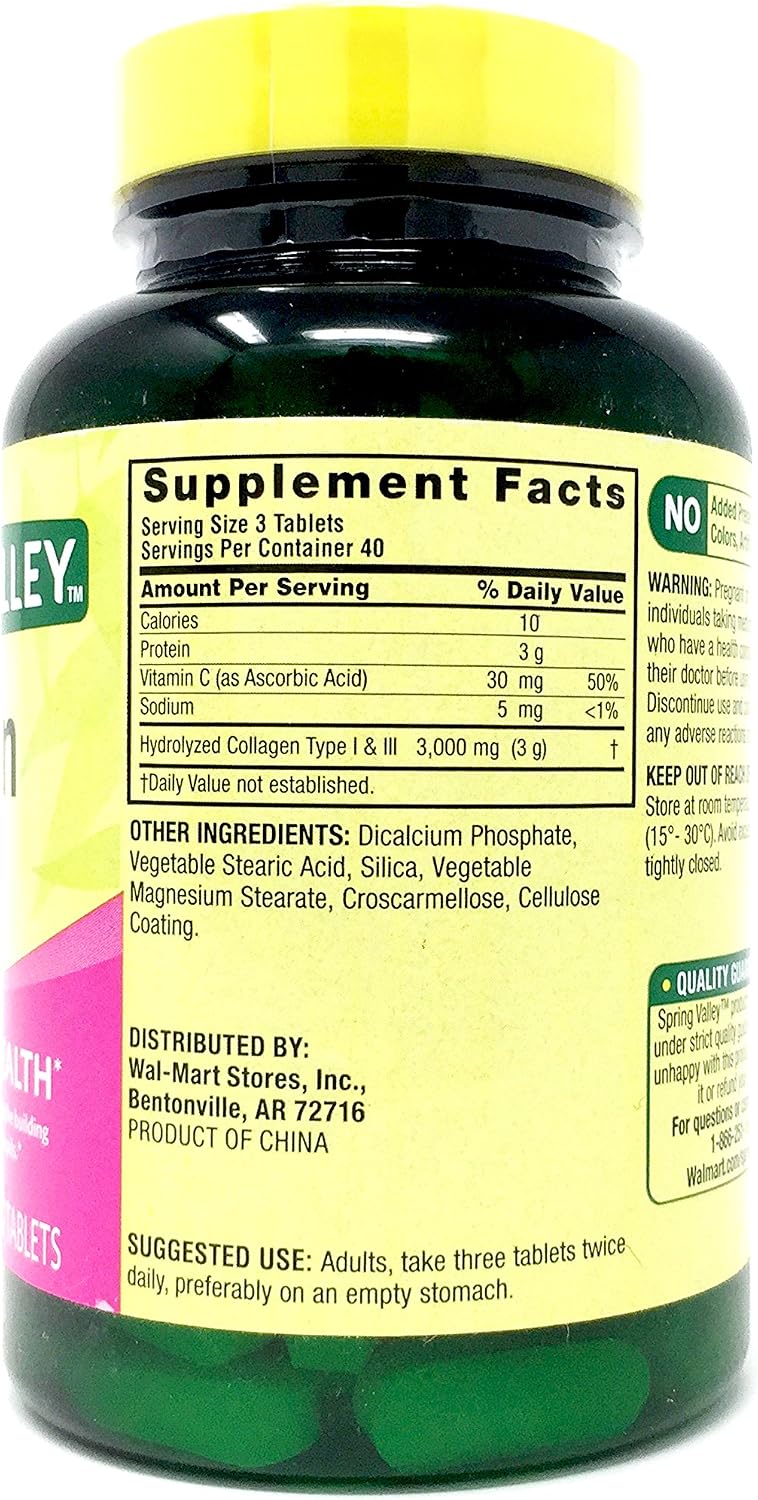 Colágeno Spring Valley 1000 mg por comprimido, con vitamina C, tipo 1 y 3, 120 comprimidos