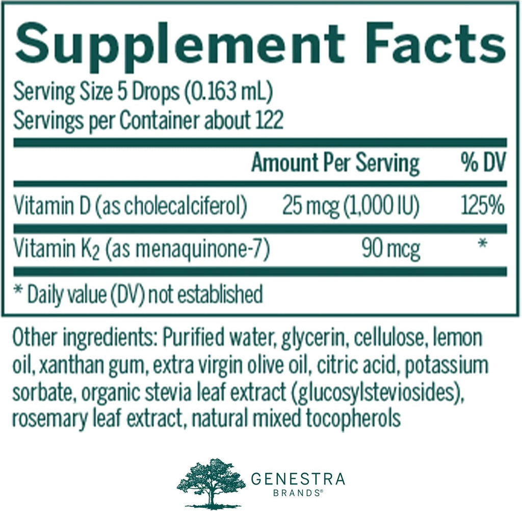 Genestra Brands D3 K2 Mulsion - Liquid D3 and K2 Vitamins - Natural Lemon Flavor - 122 Doses