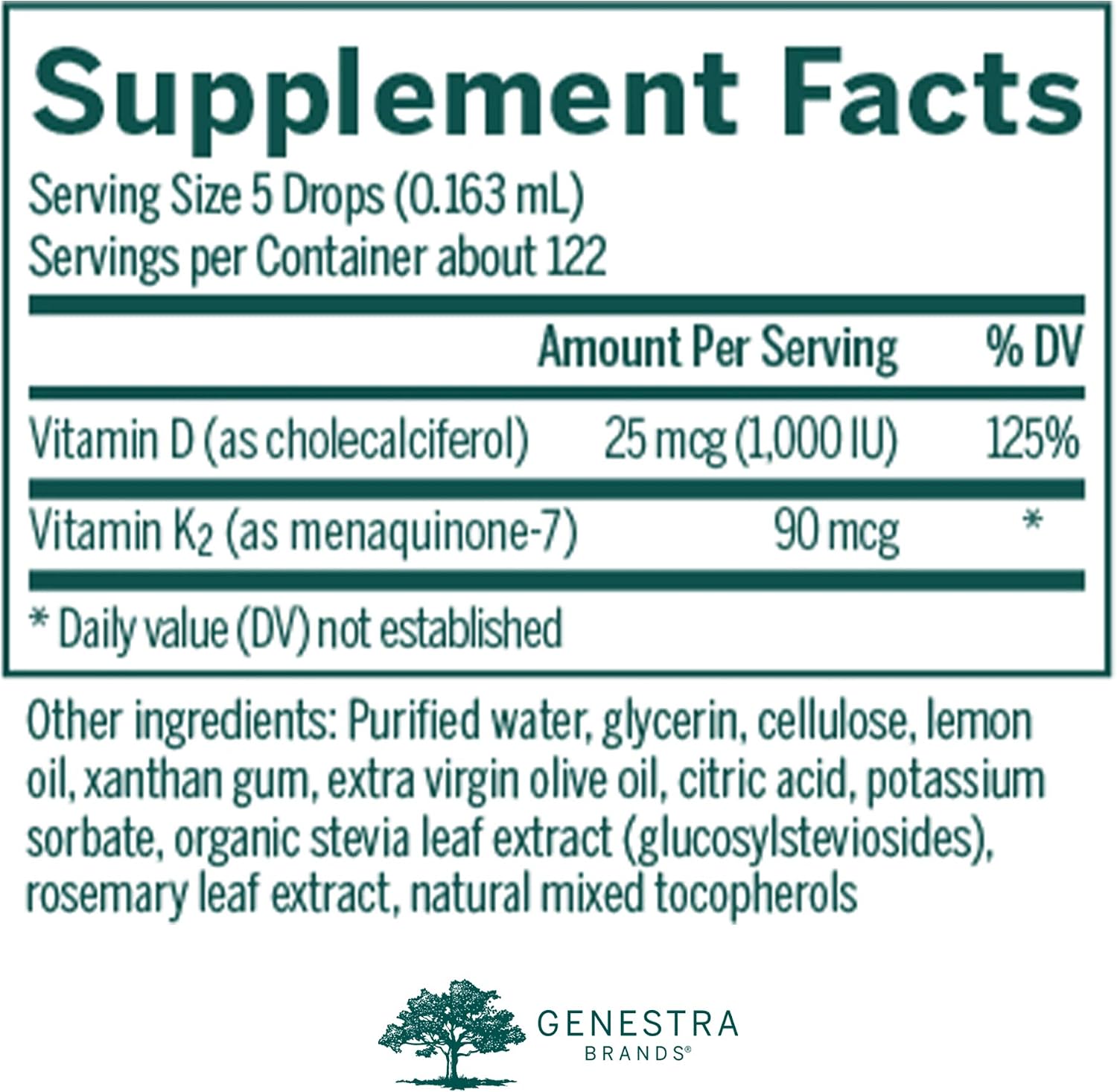 Genestra Brands D3 K2 Mulsion - Liquid D3 and K2 Vitamins - Natural Lemon Flavor - 122 Doses