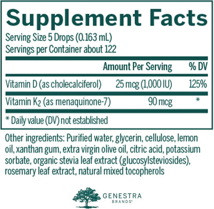 Genestra Brands D3 K2 Mulsion - Vitaminas D3 y K2 líquidas - Sabor limón natural - 122 dosis – Image 2