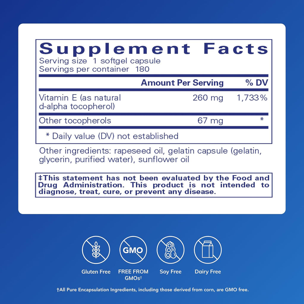 Pure Encapsulations Vitamina E con Tocoferoles Mixtos - 180 Cápsulas Blandas
