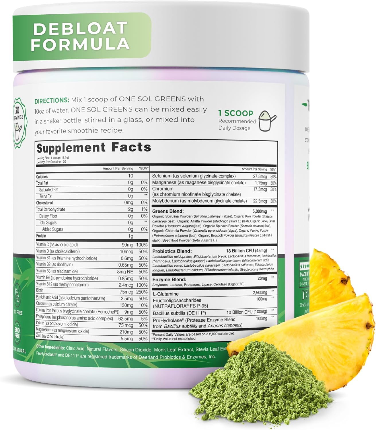 One Sol Greens, Super Greens en Polvo para Reducir la Hinchazón y Mejorar la Salud Digestiva, Mezcla de Superalimentos para Batidos, Prebiótico y Probiótico con Enzimas Digestivas, Vegano y Sin Soja