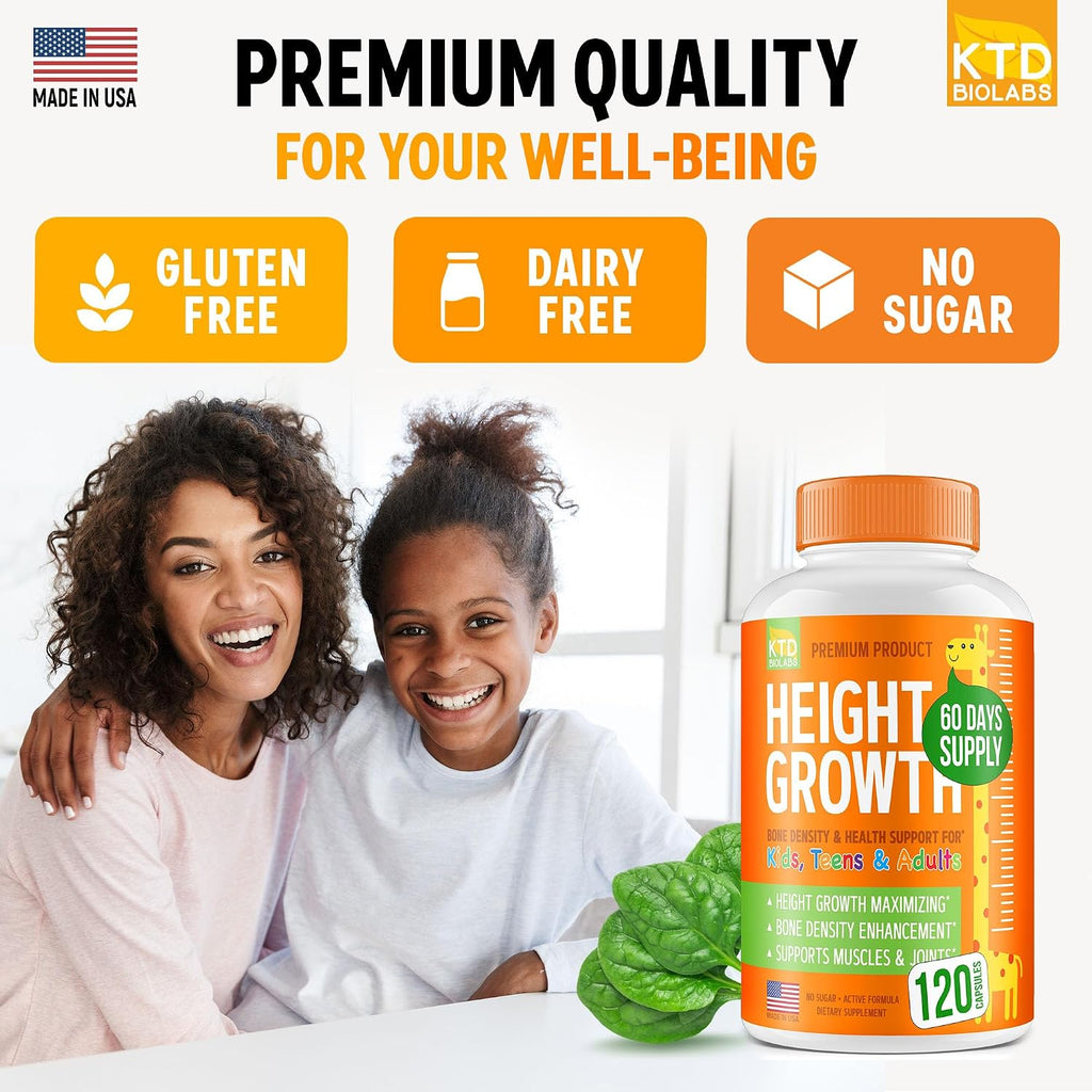 KTD BIOLABS Kids Height Growth Support Capsules – Fórmula de Desarrollo con Calcio, Vitamina D3 y Zinc – Apoyo Óseo y Nutricional para Niños y Adolescentes – Mezcla de Aminoácidos – 120 Cápsulas