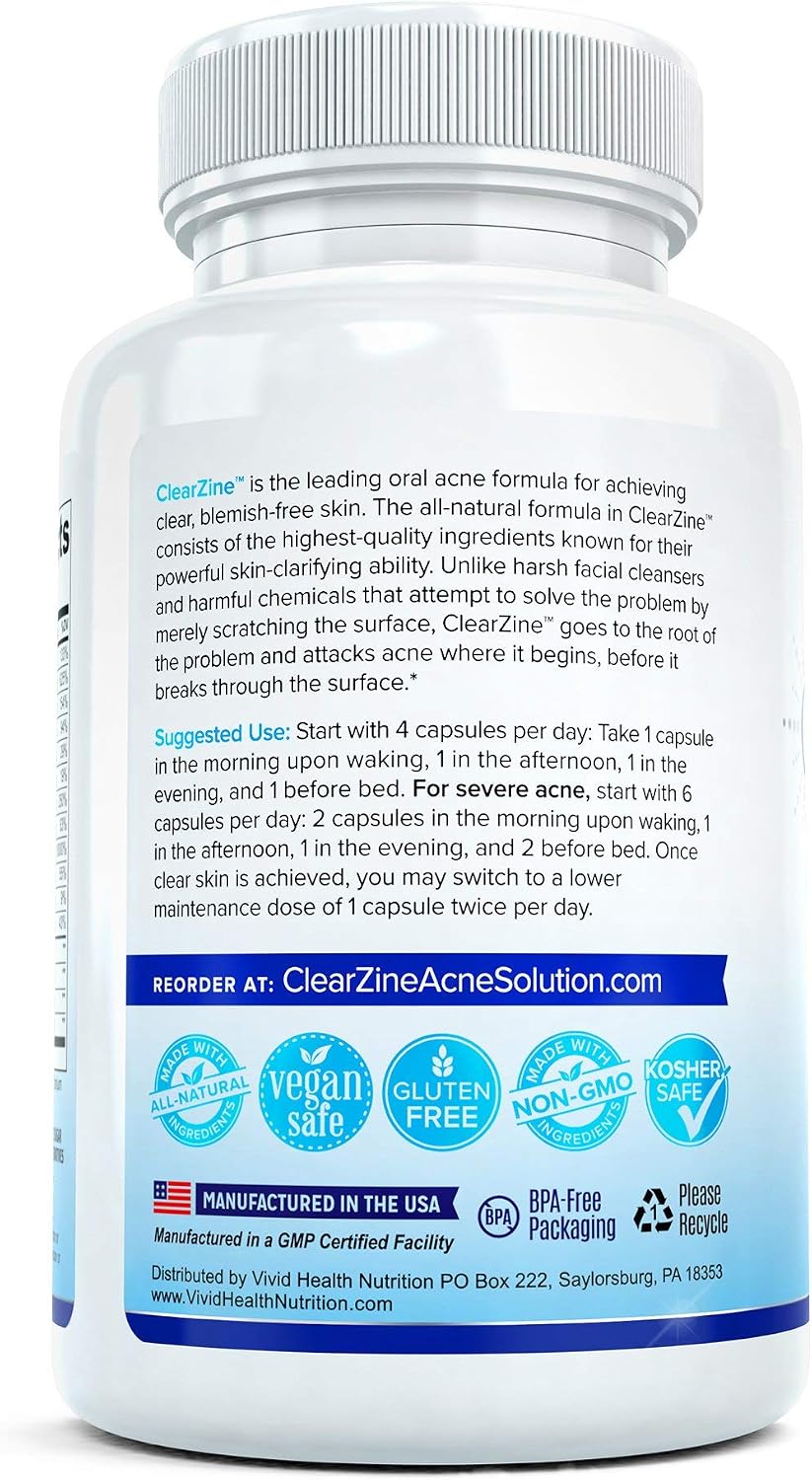 ClearZine Pastillas para el Acné para Adolescentes y Adultos, 90 Cápsulas - Complemento Alimenticio Vegano