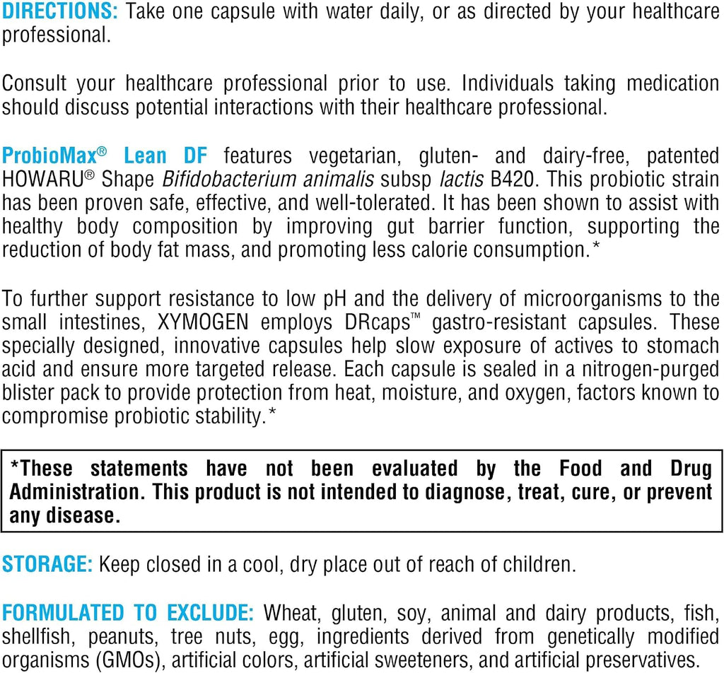 XYMOGEN ProbioMax Lean - Probiótico B420 para el Apoyo de la Barrera Intestinal - 30 Cápsulas Vegetales