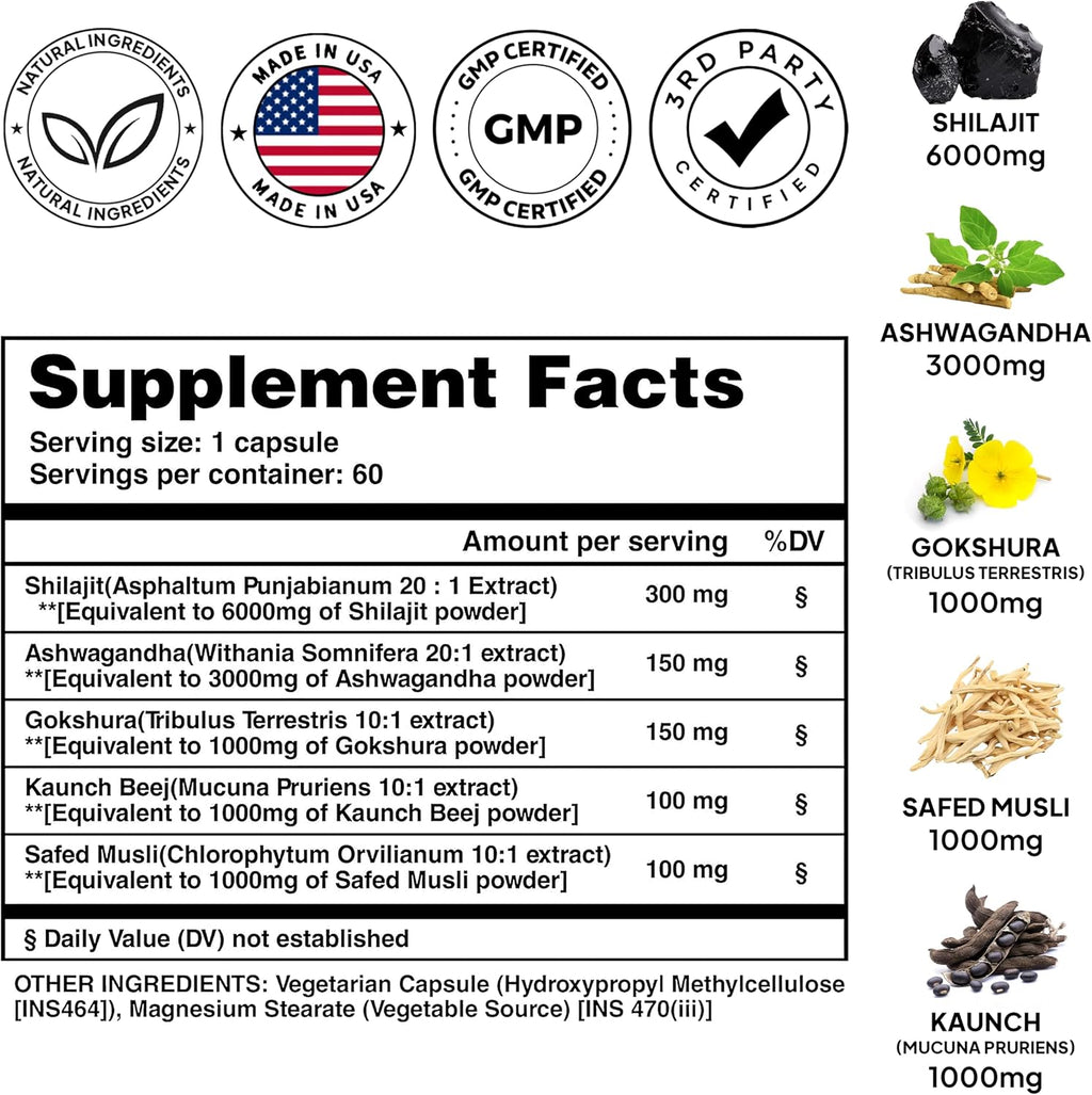 Pure Prana Shilajit Ashwagandha Safed Musli Gokshura for Men - Himalayan Power Blend