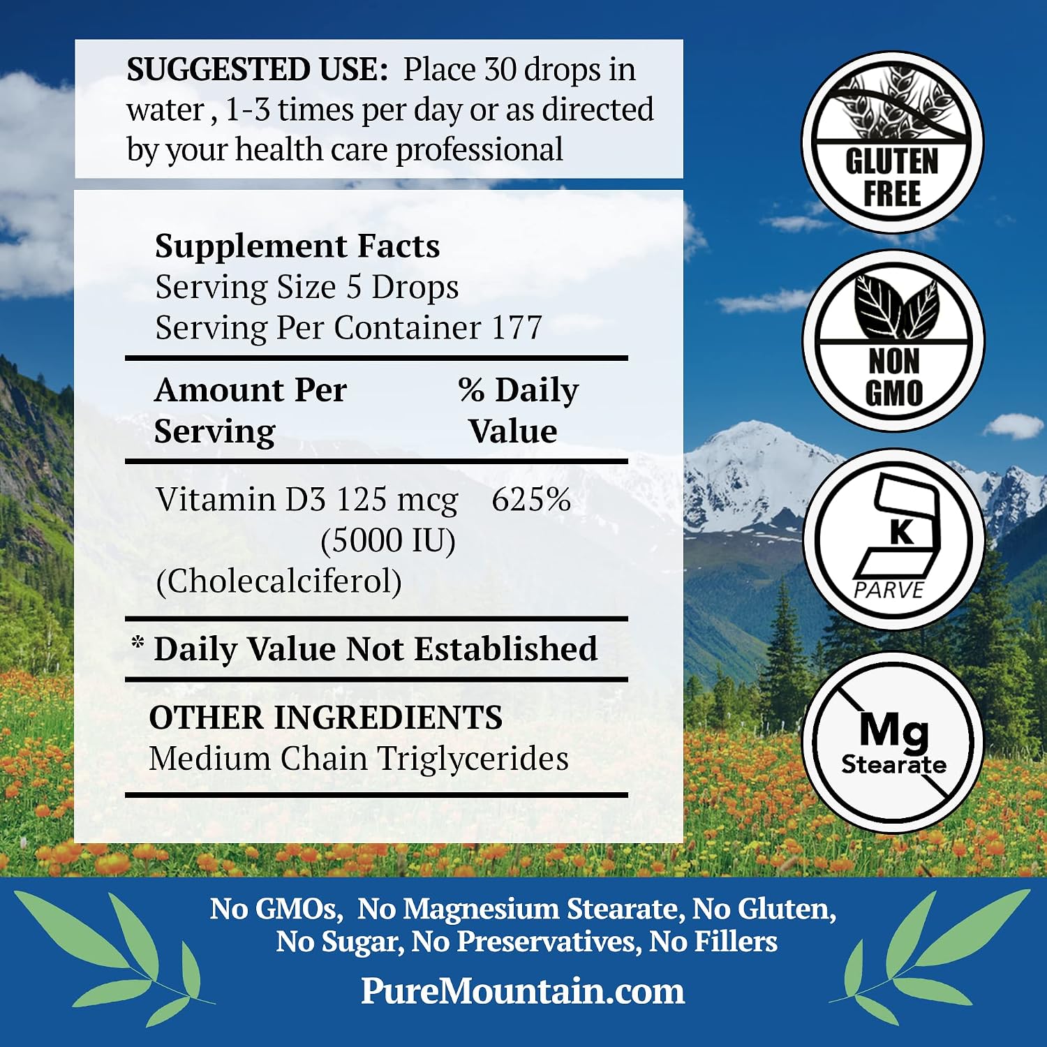 Pure Mountain Botanicals Vitamina D3 5000 UI Gotas Líquidas - Sin Sabor, Aceite MCT, 177 Dosis