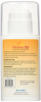 ANUMED - Crema de Vitamina D3 10000 UI con Magnesio + Ácido Hialurónico + Vitamina E para el Cuidado de la Piel Bella y Saludable. Ayuda a Mantener Huesos, Músculos, Articulaciones, Corazón y Sistema Inmunológico Saludables, No Grasa (85 g)