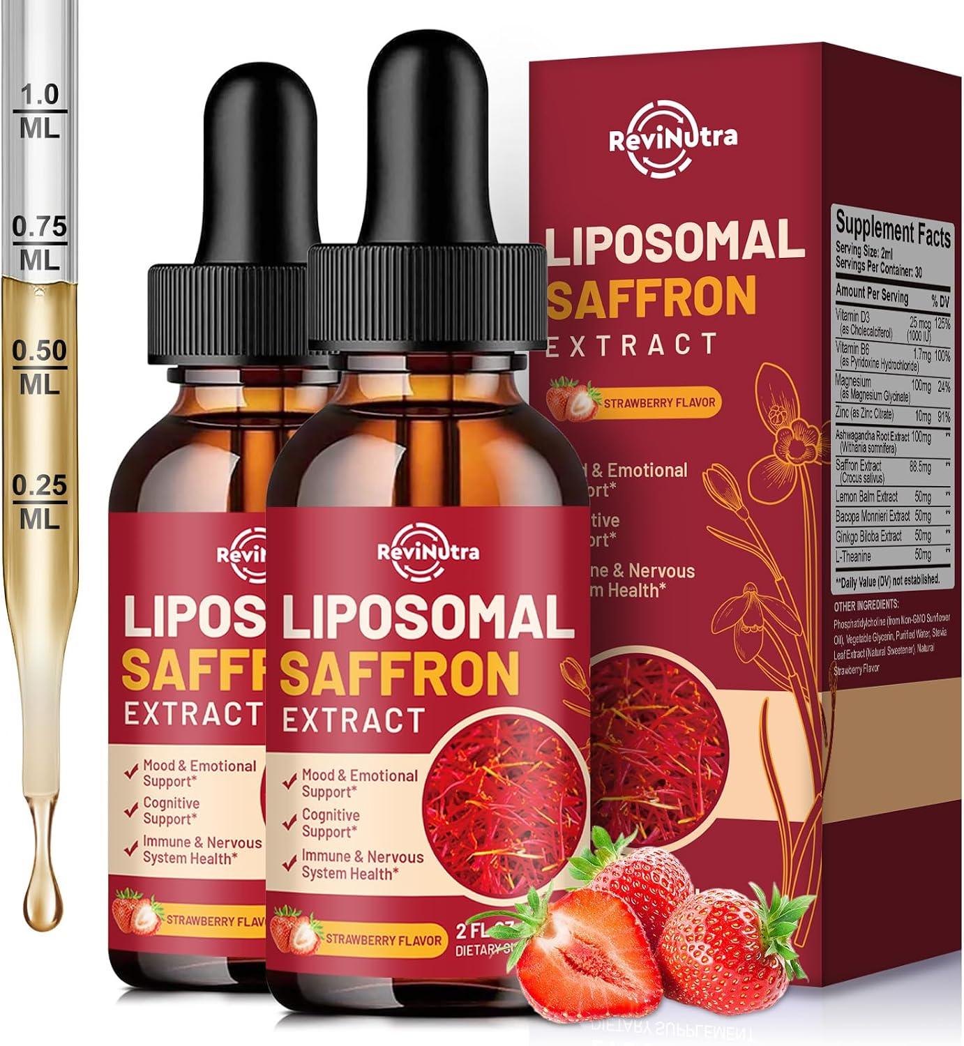 ReviNutra Saffron Extract Liposomal Drops – 88.5mg con Magnesio, Zinc, Ashwagandha, L-Theanina, Vitamina B6, D3 – Sabor Fresa 59ml (2 Fl Oz)