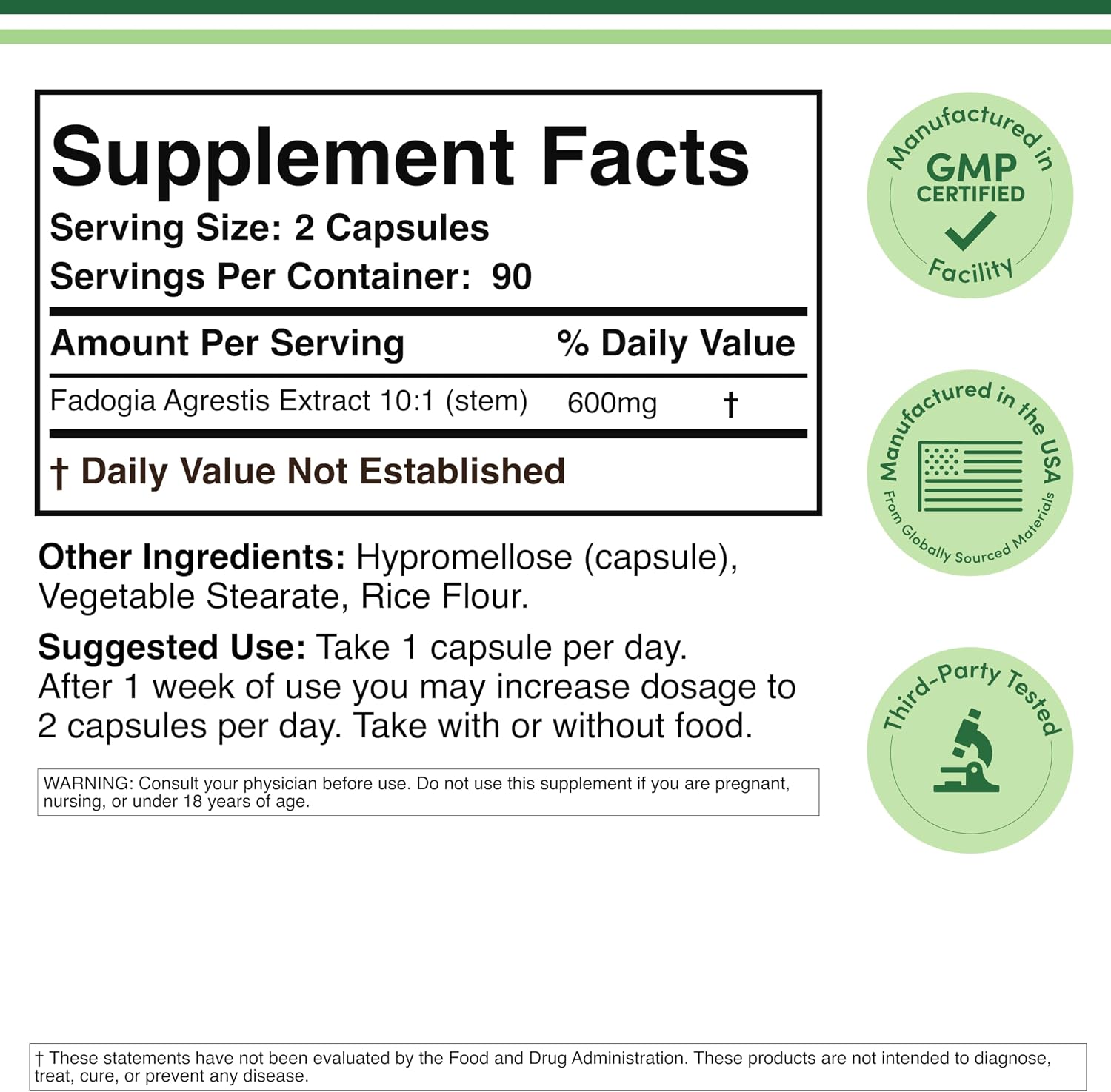 Fadogia Agrestis 600 mg por dosis (180 cápsulas) - Extracto Concentrado para el Rendimiento Deportivo