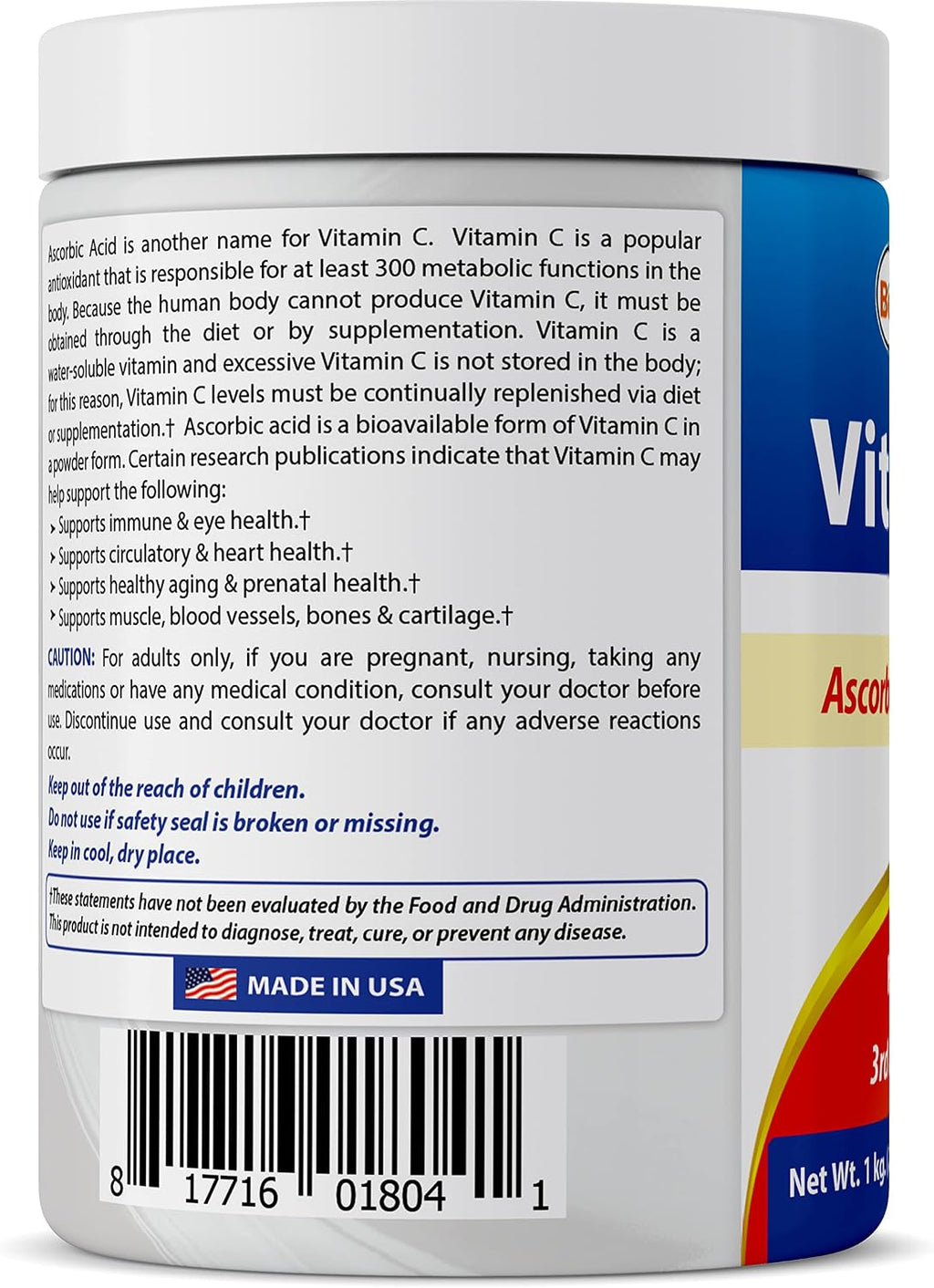 Best Naturals 100% Pure Vitamin C Powder Non-GMO 1 lb (454 g) - Ácido Ascórbico (Paquete de 2)