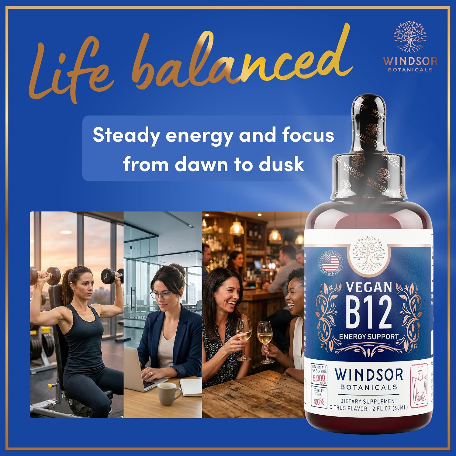 WINDSOR BOTANICALS Vitamina B12 Líquida Vegana - Metilcobalamina 5000 mcg - Gotas Sublinguales de Absorción Rápida - Sabor Cítrico, 60 ml