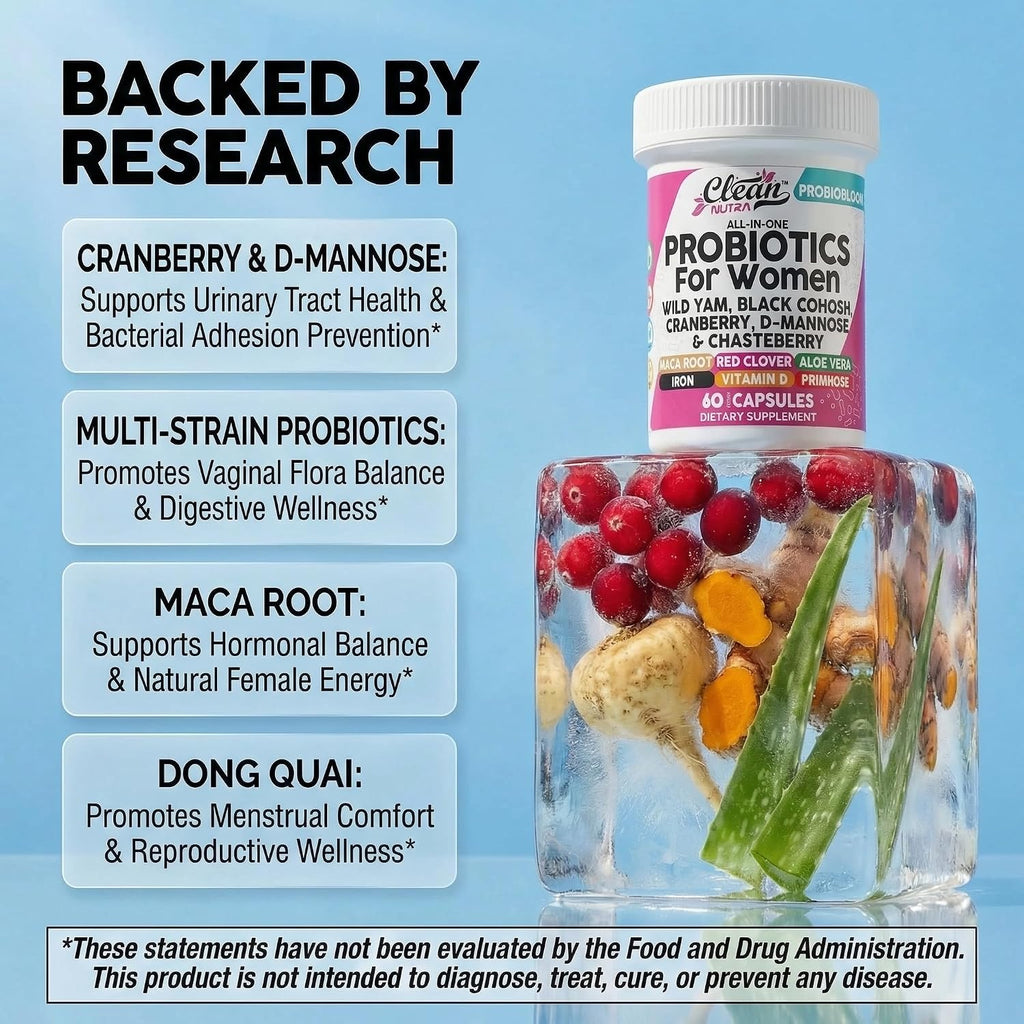 Clean Nutraceuticals Probióticos para Mujeres con D-Manosa, Arándano Rojo, Ñame Salvaje, Sauzgatillo - 20 Cepas Probióticas y Prebióticas - Equilibrio del pH, Probiótico Femenino para la Salud Digestiva - 60 Cápsulas