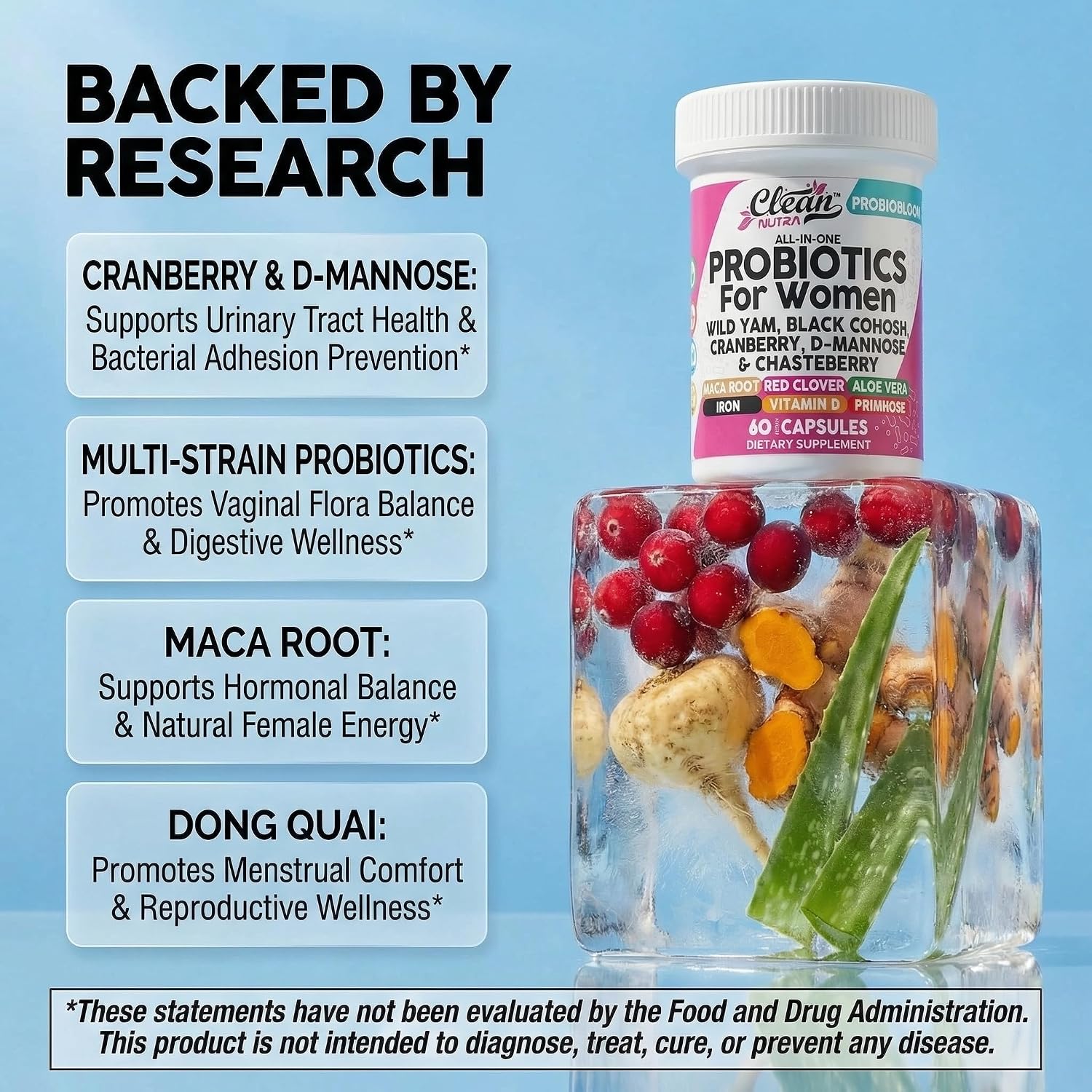 Clean Nutraceuticals Probióticos para Mujeres con D-Manosa, Arándano Rojo, Ñame Salvaje, Sauzgatillo - 20 Cepas Probióticas y Prebióticas - Equilibrio del pH, Probiótico Femenino para la Salud Digestiva - 60 Cápsulas