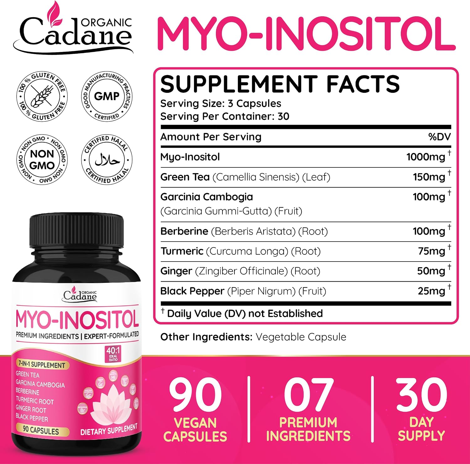 Myo Inositol & Green Tea Capsules with Garcinia Cambogia, Berberine, Turmeric, Ginger, and Black Pepper | Supports Body Balance & Digestive | Vegan, Non-GMO - 90 Capsules