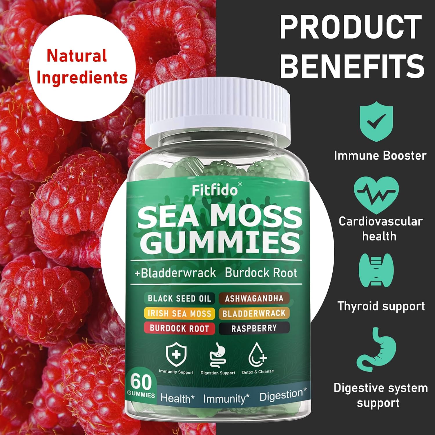 Fitfido Gominolas de Musgo de Mar Irlandés 3000mg con Bladderwrack, 60 unidades