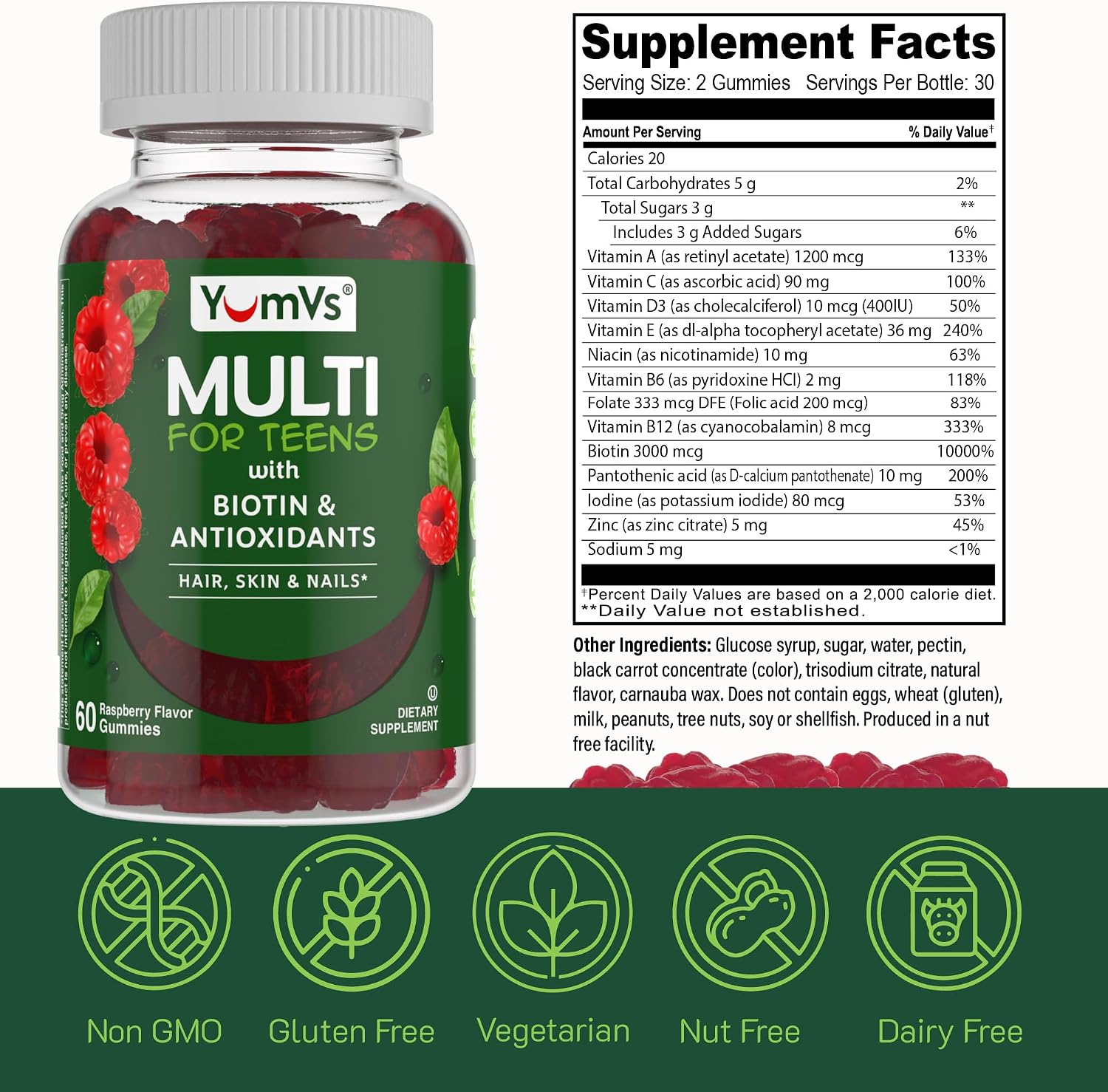 YUM-V'S Gomitas Multivitamínicas para Adolescentes con Biotina y Antioxidantes – Sabor Frambuesa – 60 Gomitas